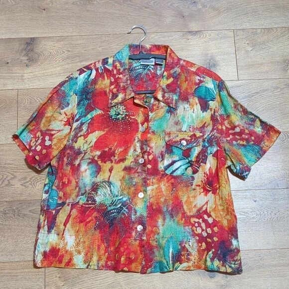 Chico's Bright Print Soft Linen Button Up Short Sleeves Boxy Cropped Shirt Sz M - Picture 1 of 7